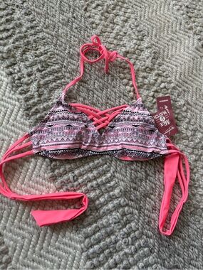Arizona coral Pink Black Strappy Tribal Bikini Top juniors small remove padding